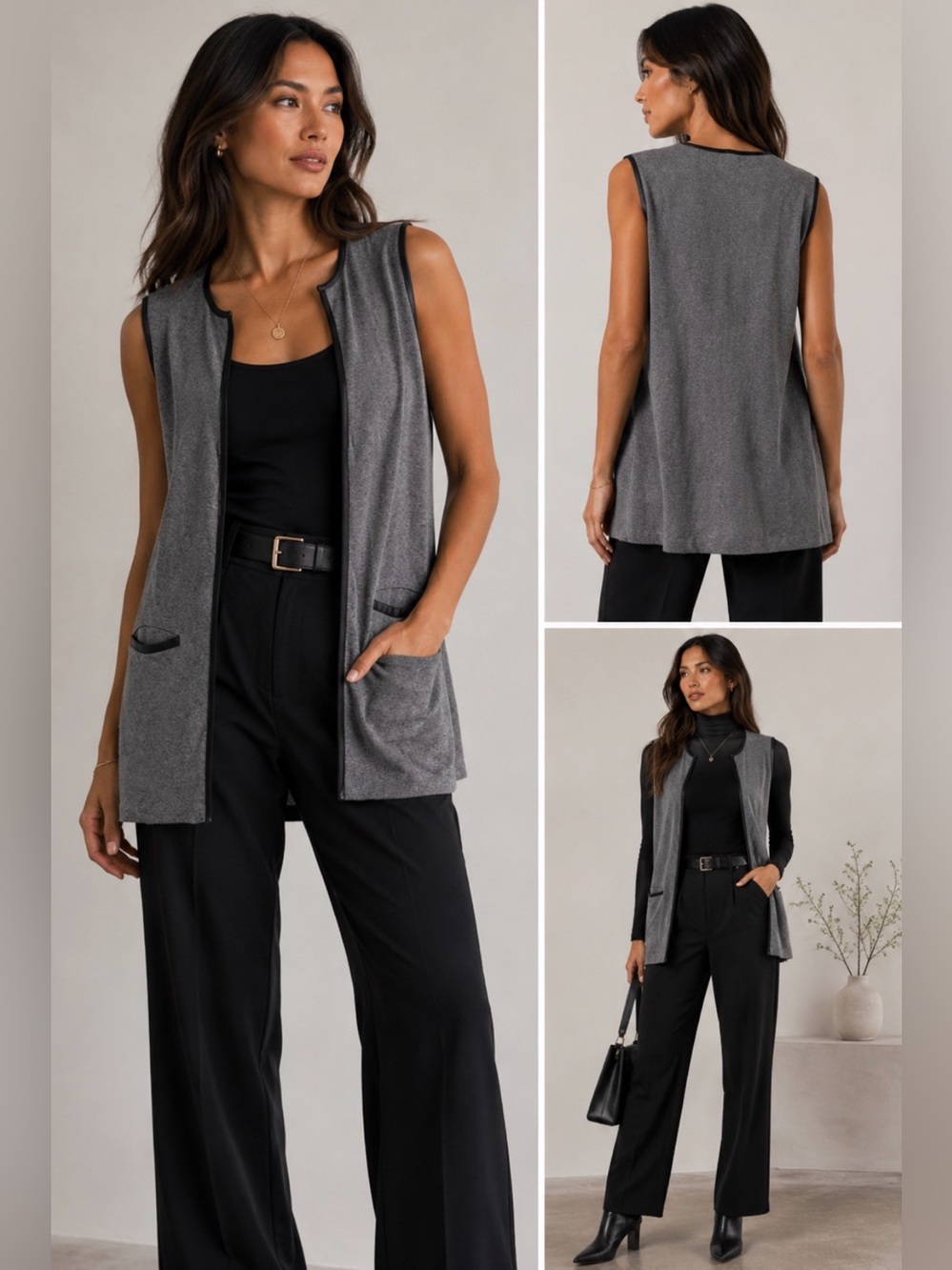 Laura Petites Gray Sleeveless Longline Vest LP | Faux Leather Trim Cardigan